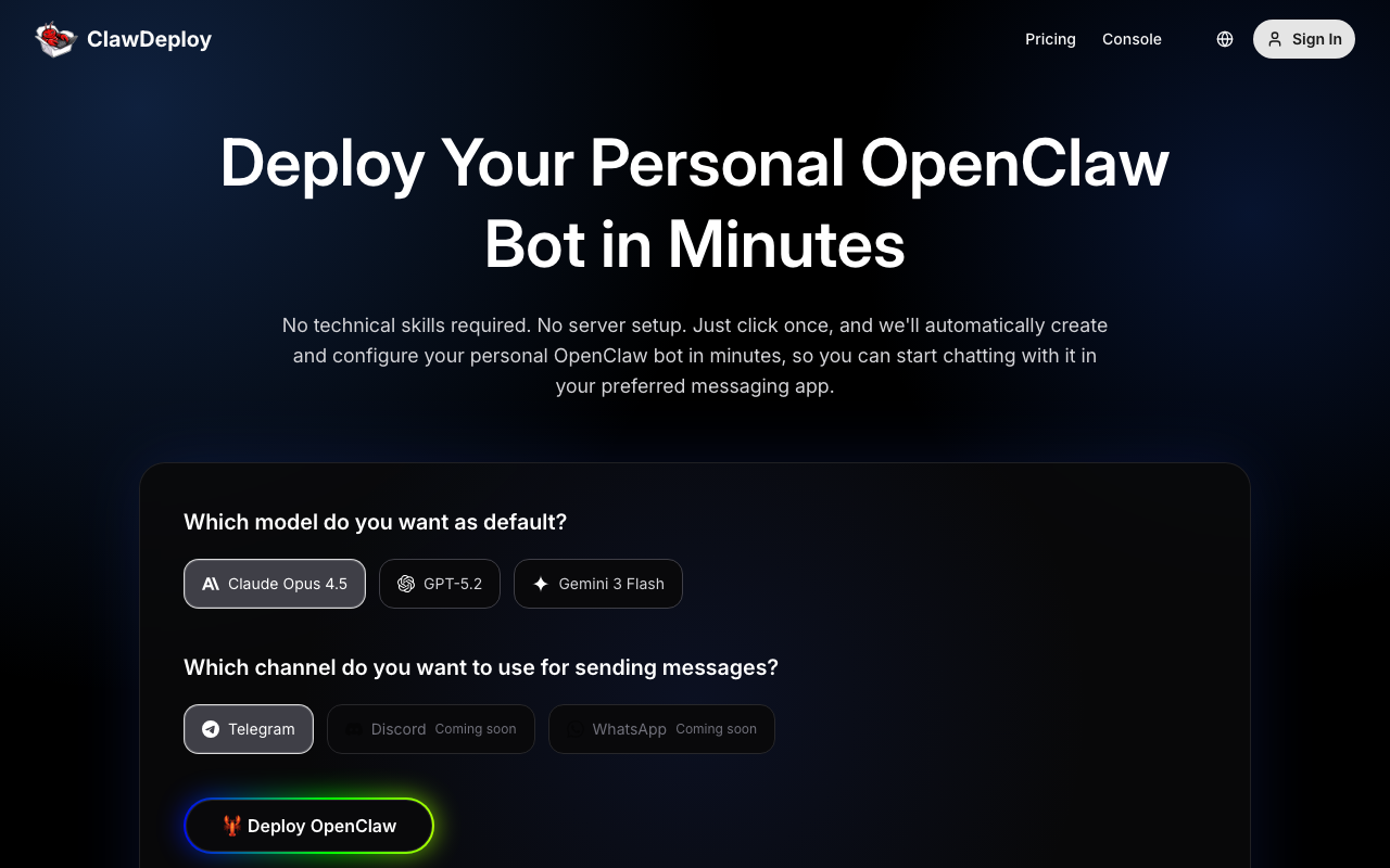 ClawDeploy homepage screenshot