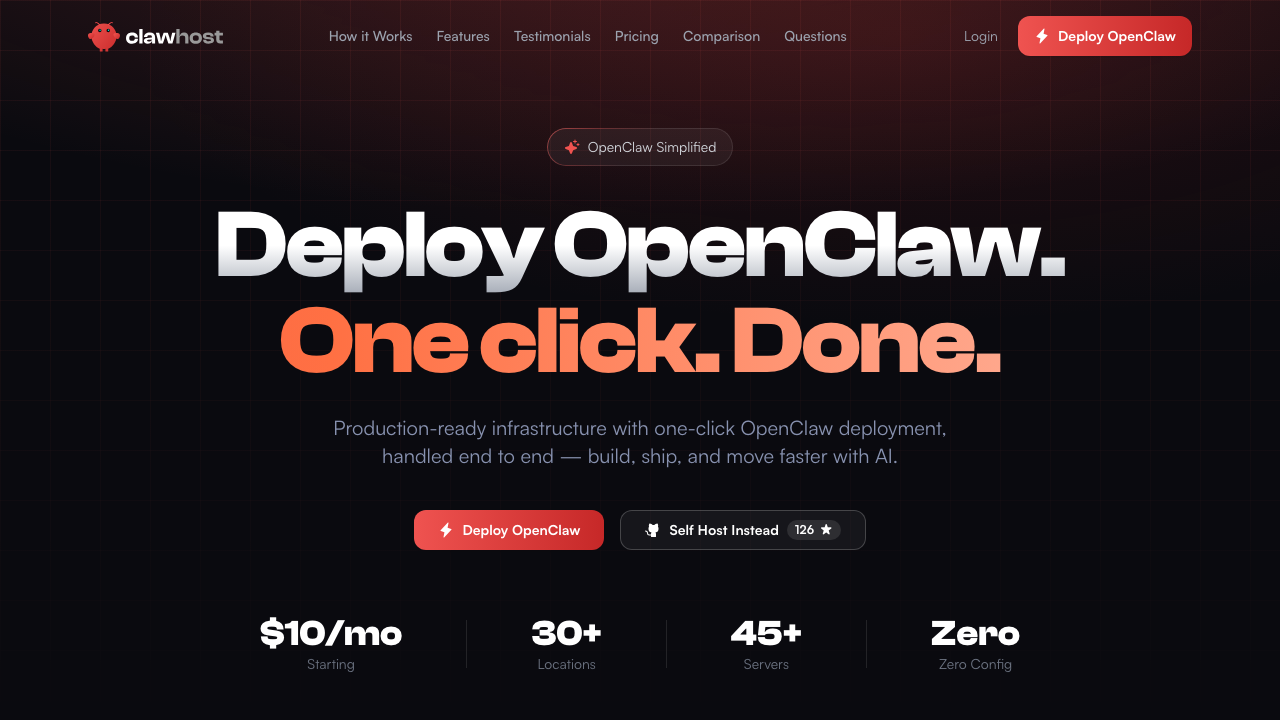 ClawHost Cloud homepage screenshot