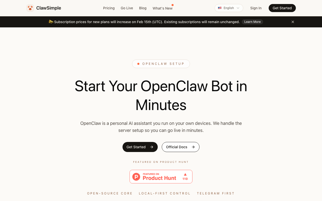 ClawSimple homepage screenshot