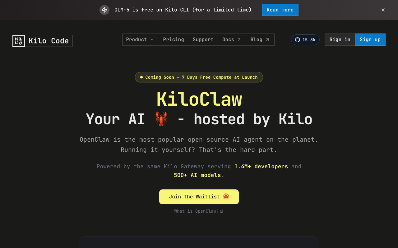 Kilo Claw homepage screenshot