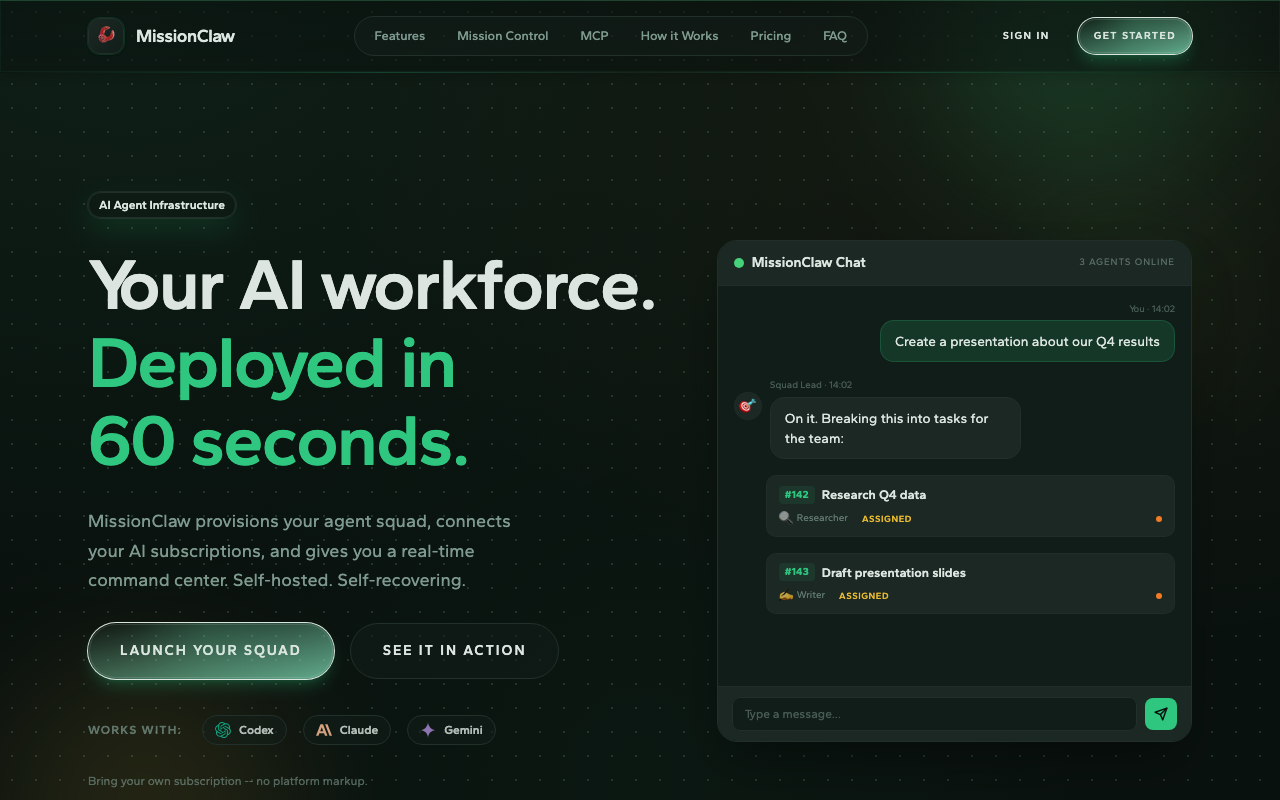 MissionClaw homepage screenshot