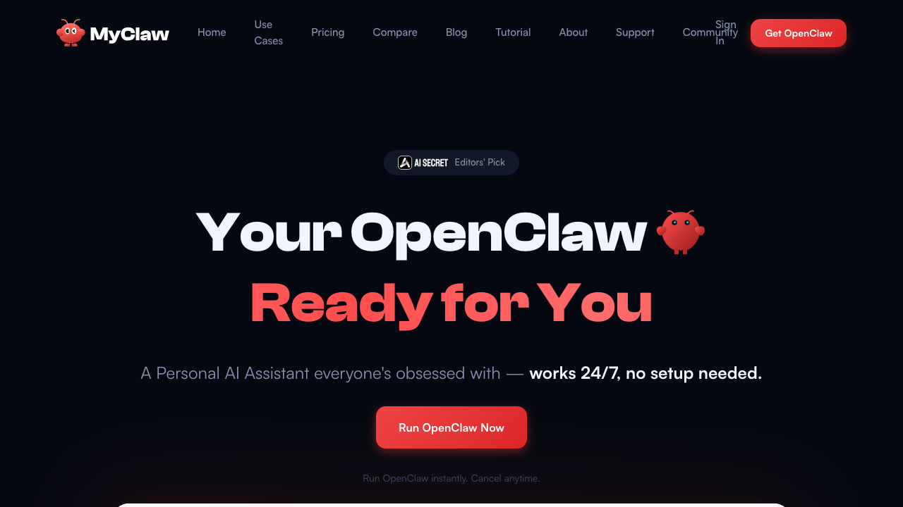 MyClaw.ai homepage screenshot