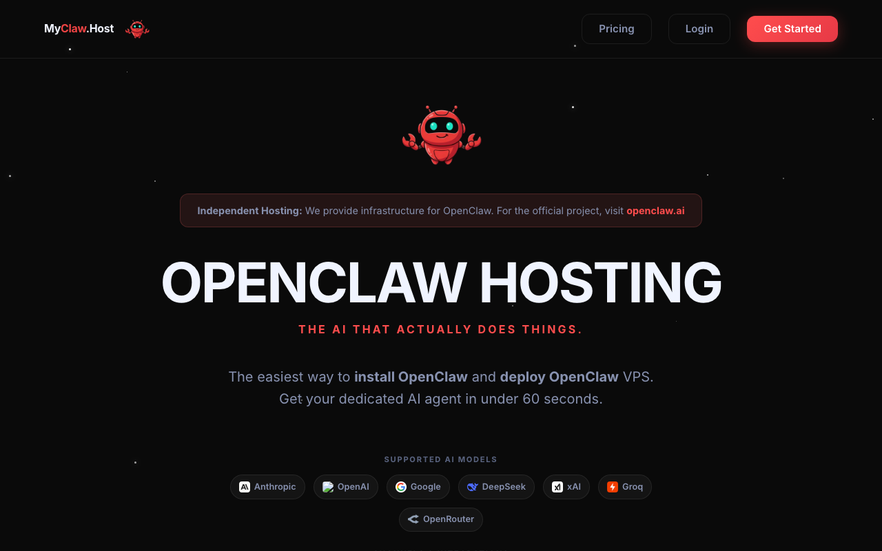 OpenClaw Host homepage screenshot