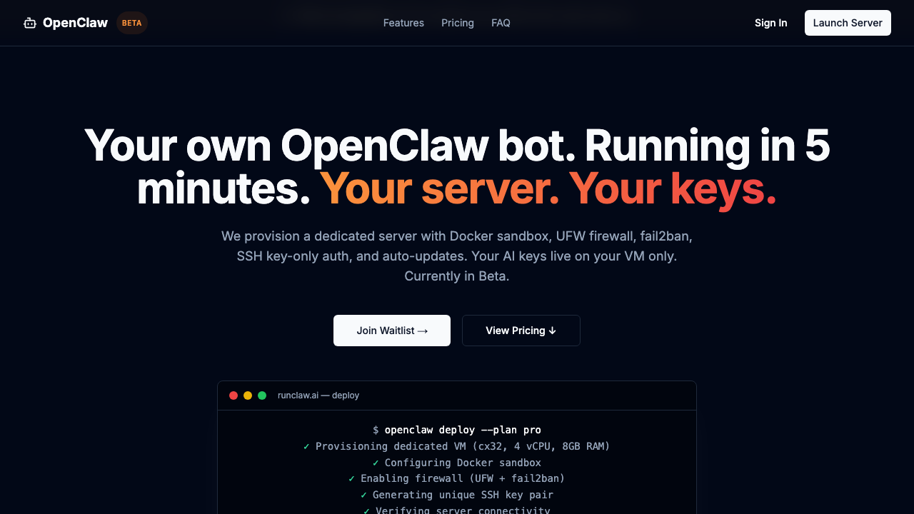 RunClaw.ai homepage screenshot