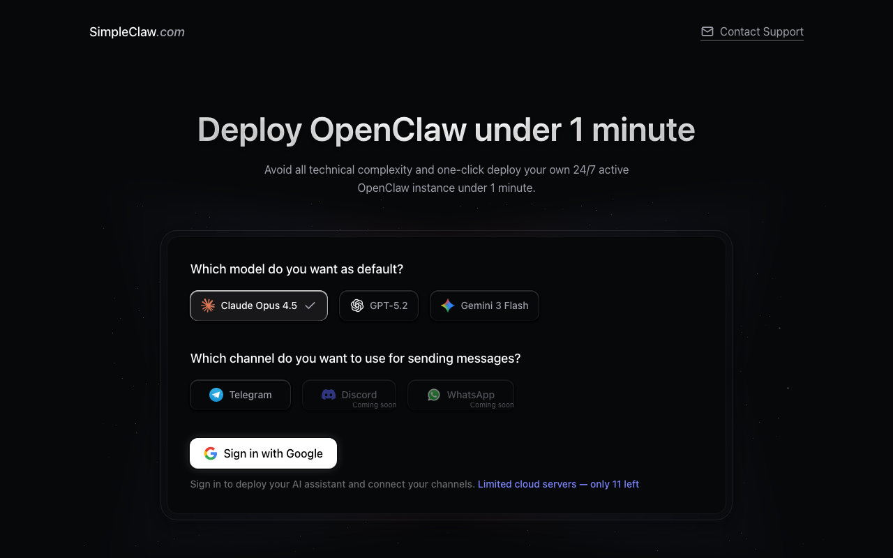 SimpleClaw homepage screenshot